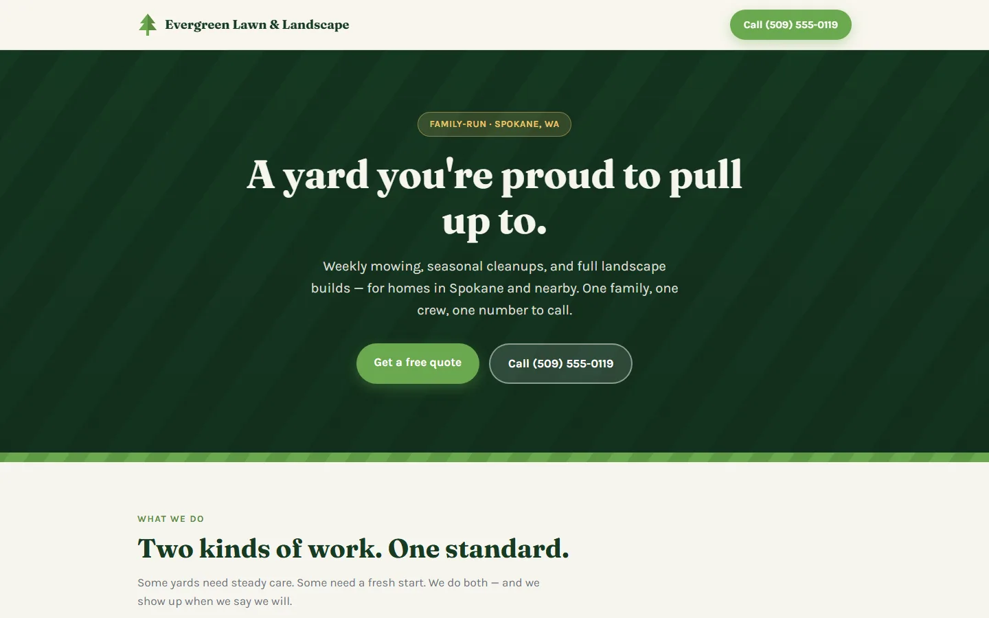 Evergreen Lawn redesigned website — modern green and cream design