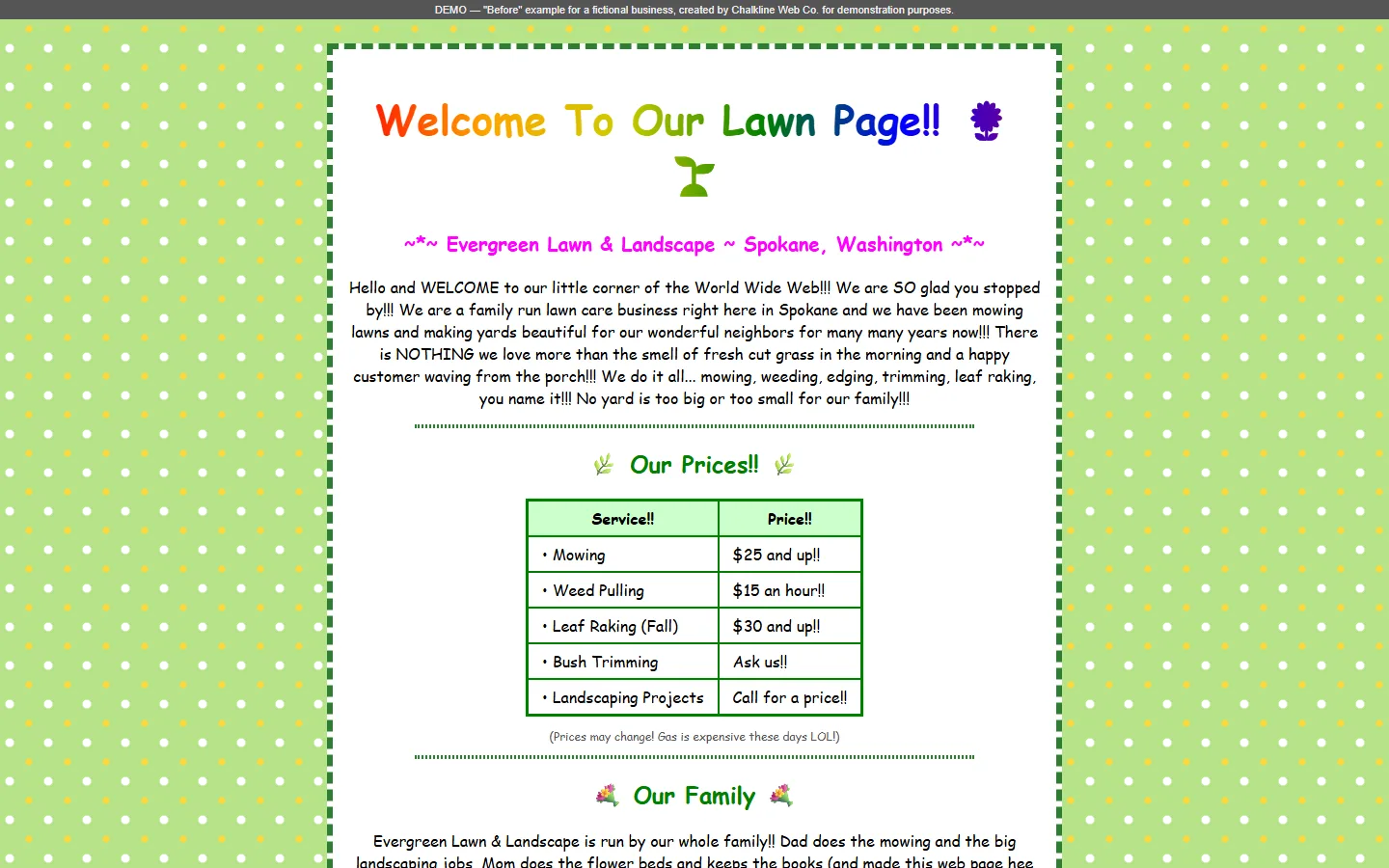 Evergreen Lawn old website — homemade 2008-style page
