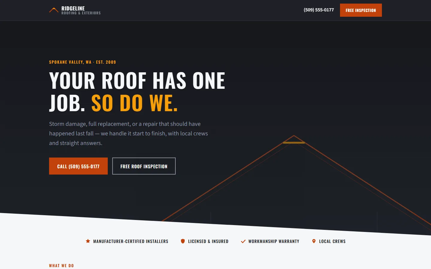 Ridgeline Roofing redesigned website — modern charcoal and rust design