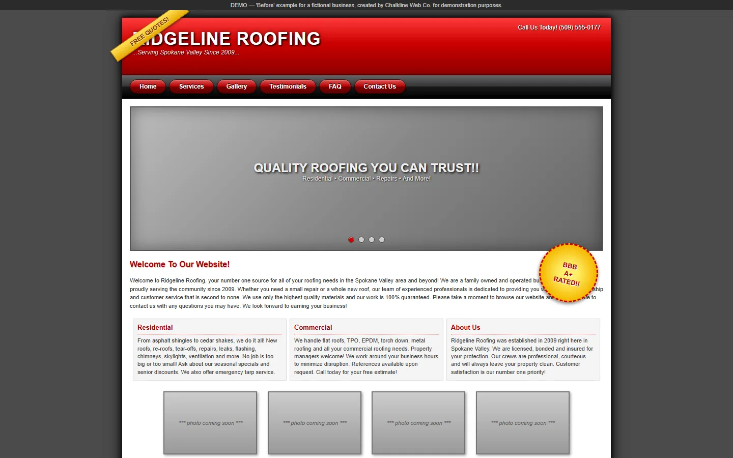 Ridgeline Roofing old website — dated 2012 builder-template design
