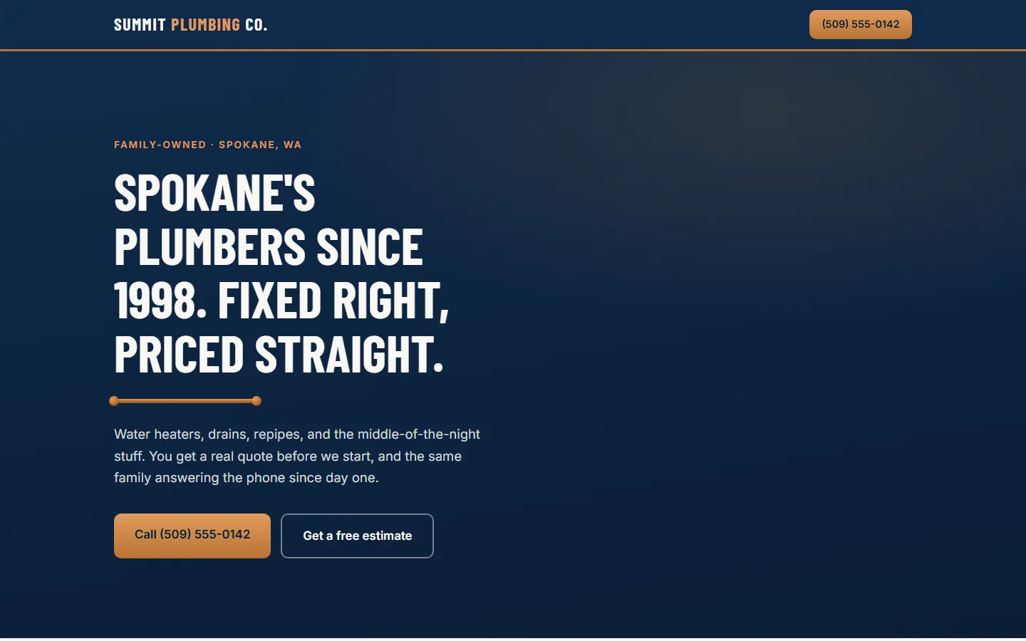 Summit Plumbing redesigned website — modern navy and copper design