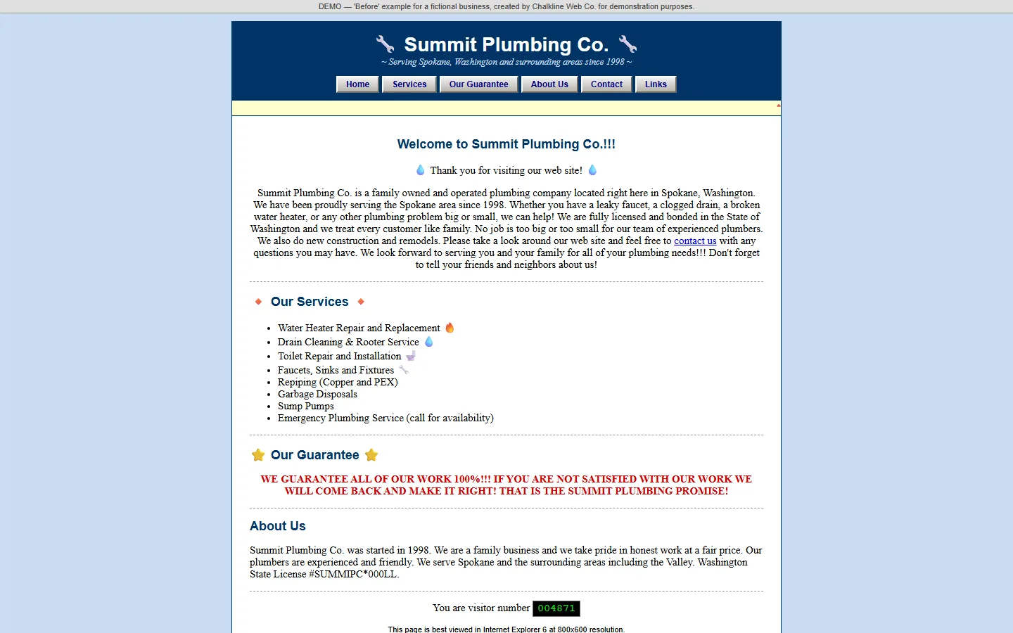 Summit Plumbing old website — dated 2006-style layout